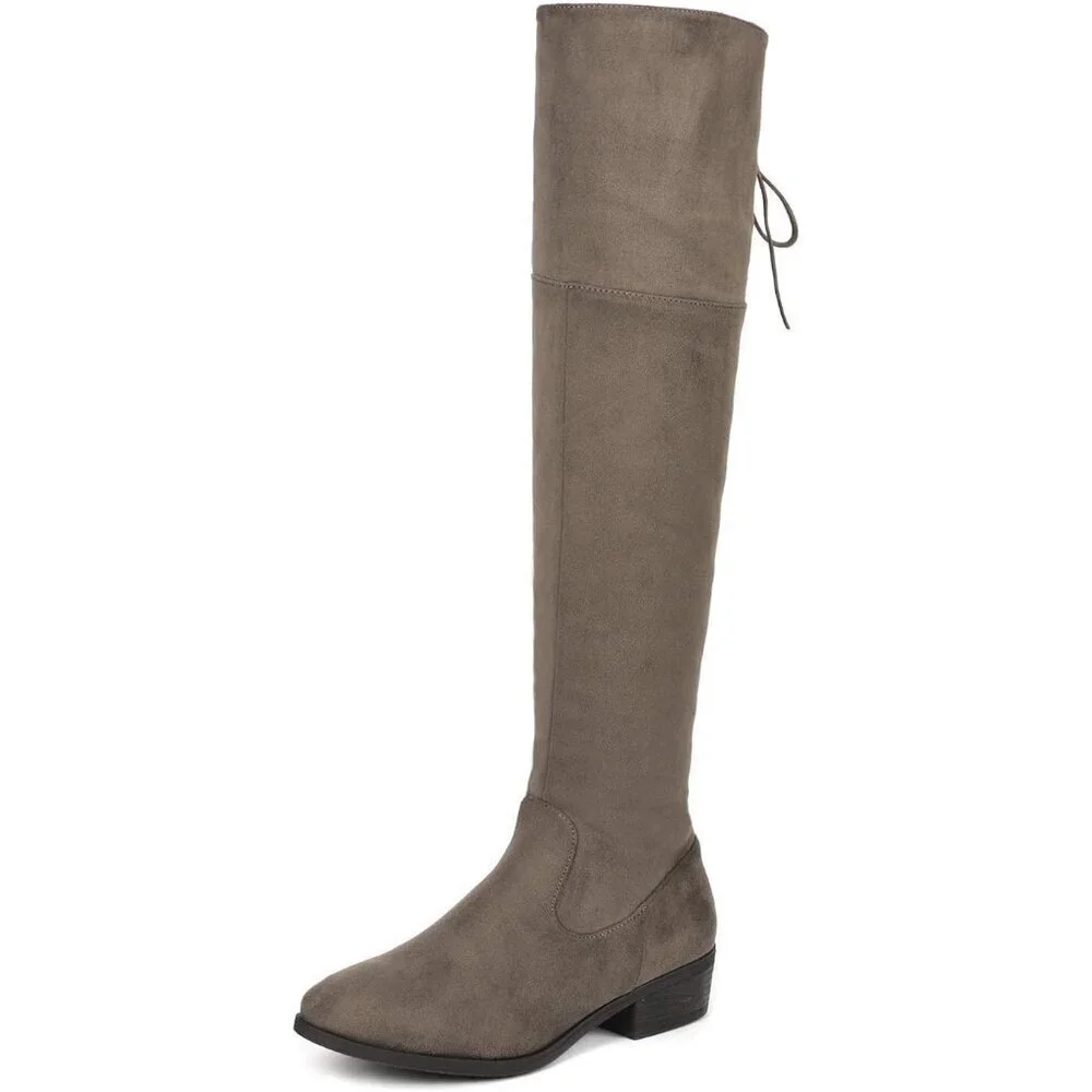 Women Khaki Textile Over The Knee High Low Block Heel Pointed Toe Riding Boot